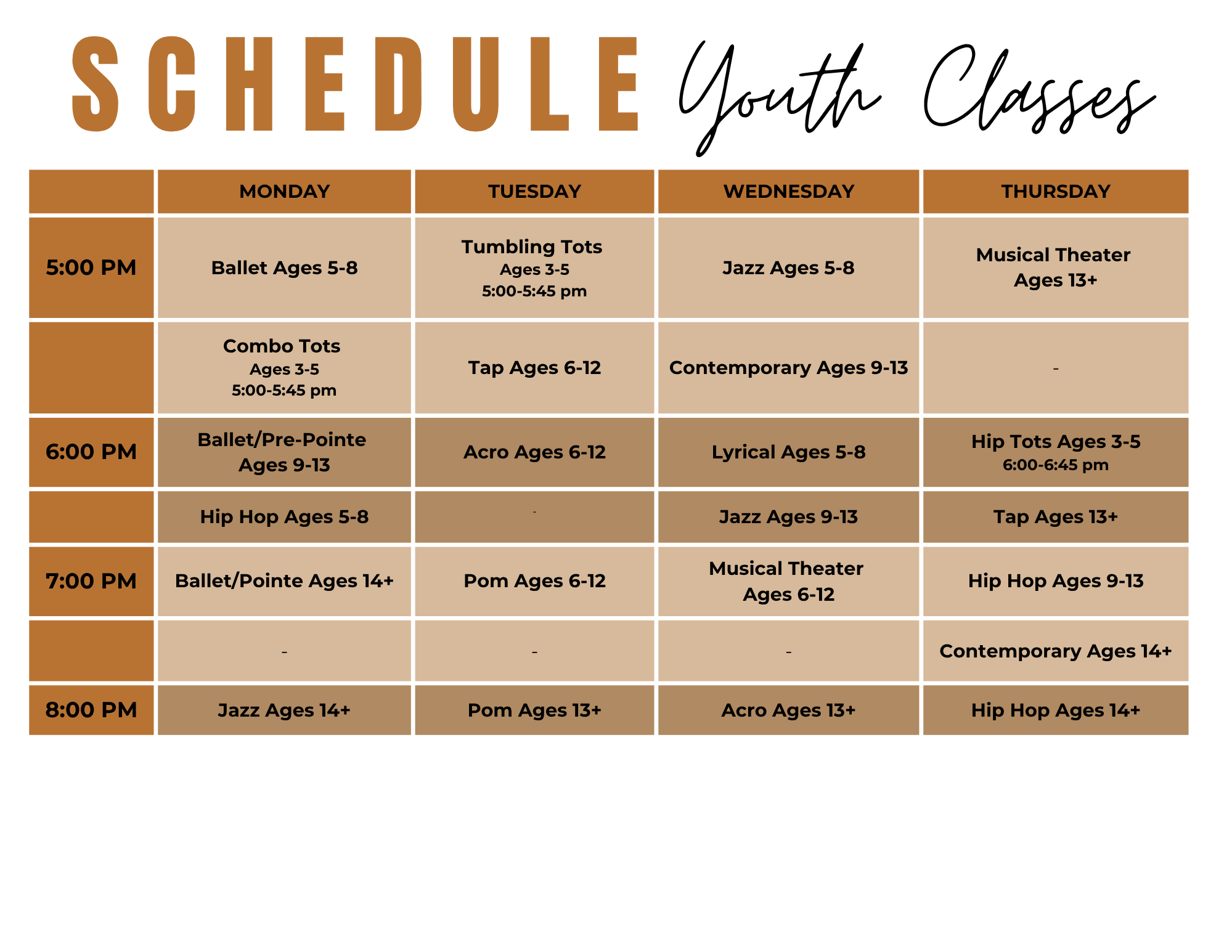 Kinesi Dance Complex Fall 2026–27 youth class schedule, Monday through Thursday. Monday: Ballet ages 5-8 and Combo Tots ages 3-5 (5:00-5:45pm) at 5pm, Ballet/Pre-Pointe ages 9-13 and Hip Hop ages 5-8 at 6pm, Ballet/Pointe ages 14+ at 7pm, Jazz ages 14+ at 8pm. Tuesday: Tumbling Tots ages 3-5 (5:00-5:45pm) and Tap ages 6-12 at 5pm, Acro ages 6-12 at 6pm, Pom ages 6-12 at 7pm, Pom ages 13+ at 8pm. Wednesday: Jazz ages 5-8 and Contemporary ages 9-13 at 5pm, Lyrical ages 5-8 and Jazz ages 9-13 at 6pm, Musical Theater ages 6-12 at 7pm, Acro ages 13+ at 8pm. Thursday: Musical Theater ages 13+ at 5pm, Hip Tots ages 3-5 (6:00-6:45pm) and Tap ages 13+ at 6pm, Hip Hop ages 9-13 and Contemporary ages 14+ at 7pm, Hip Hop ages 14+ at 8pm.